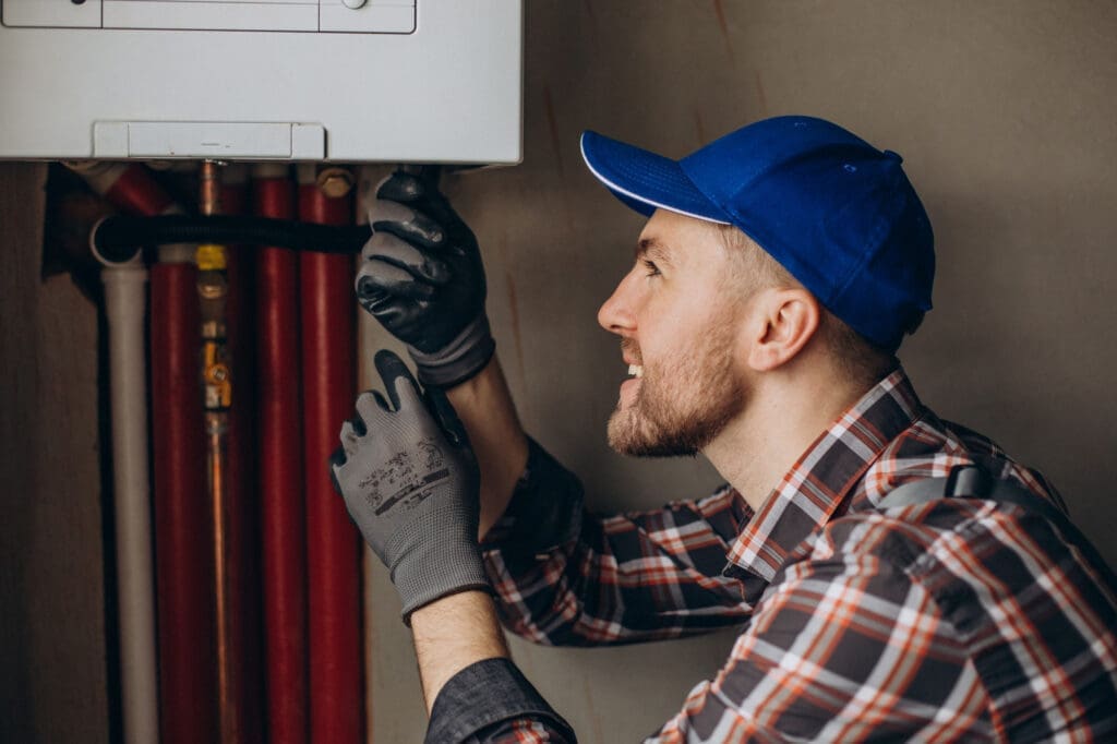 Las Vegas plumbing technician repairing a residential water heater system inside a home utility area.