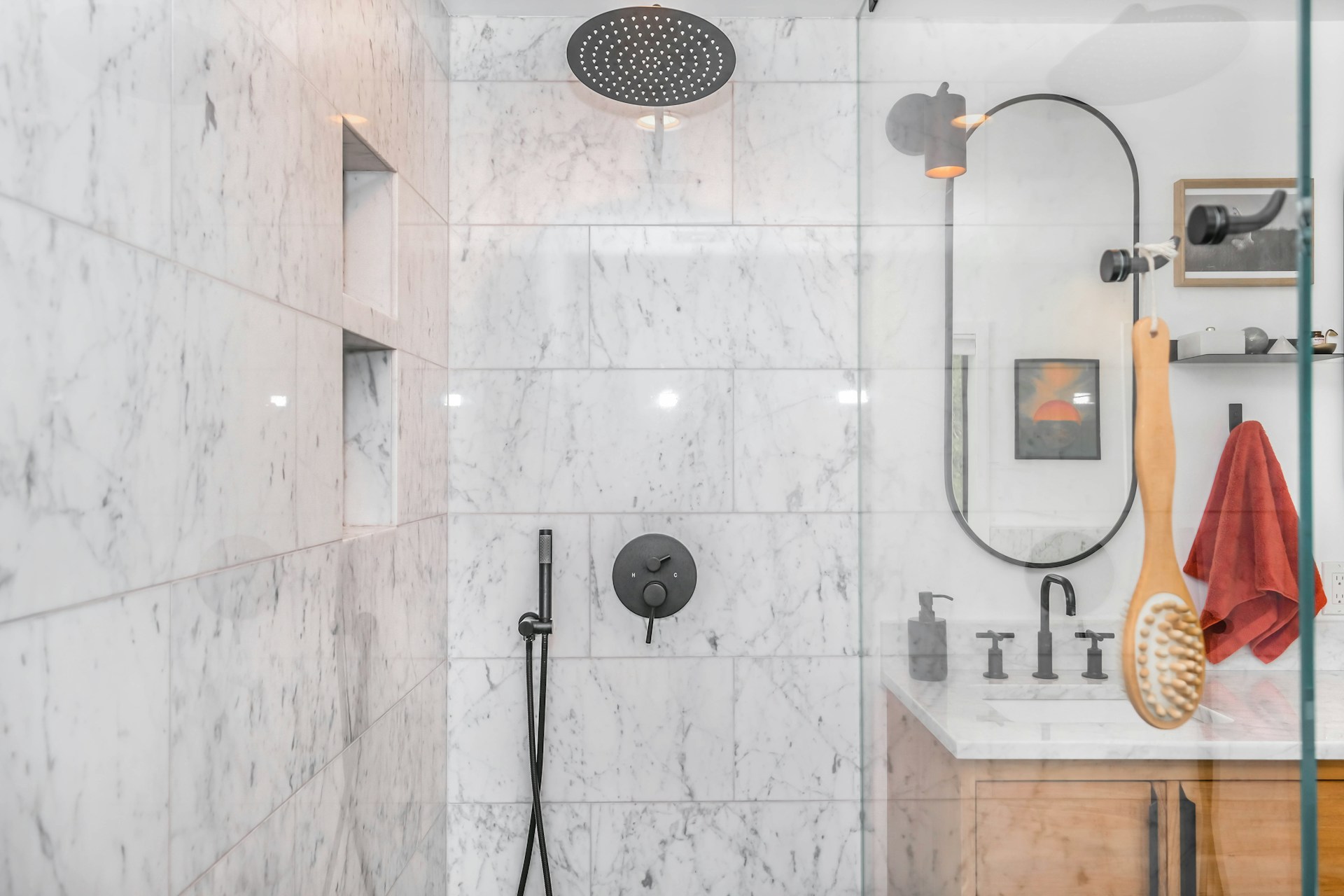 Modern bathroom shower with hot water serviced by a Las Vegas plumber